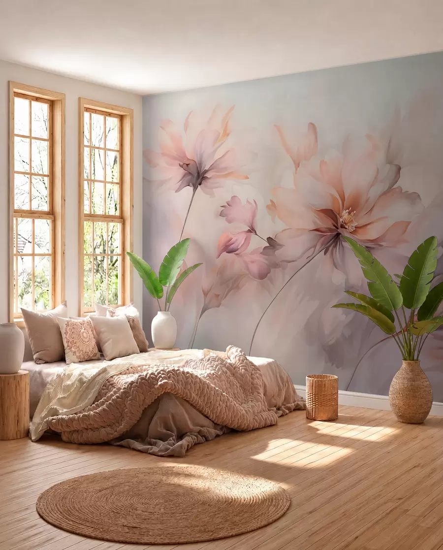wall murals Деликатна цветна уметност са великим цветовима пастелних боја са прозирним латицама, меким стабљикама и нежном дифузном позадином w09050