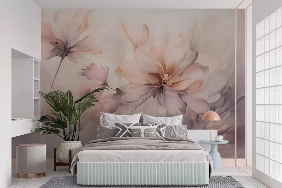 wall murals Деликатна цветна уметност са великим цветовима пастелних боја са прозирним латицама, меким стабљикама и нежном дифузном позадином w09050