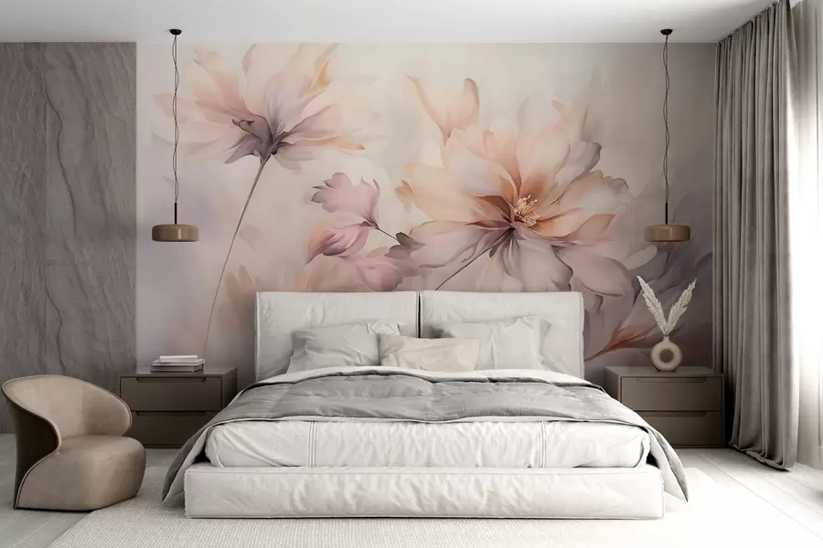 wall murals Деликатна цветна уметност са великим цветовима пастелних боја са прозирним латицама, меким стабљикама и нежном дифузном позадином w09050
