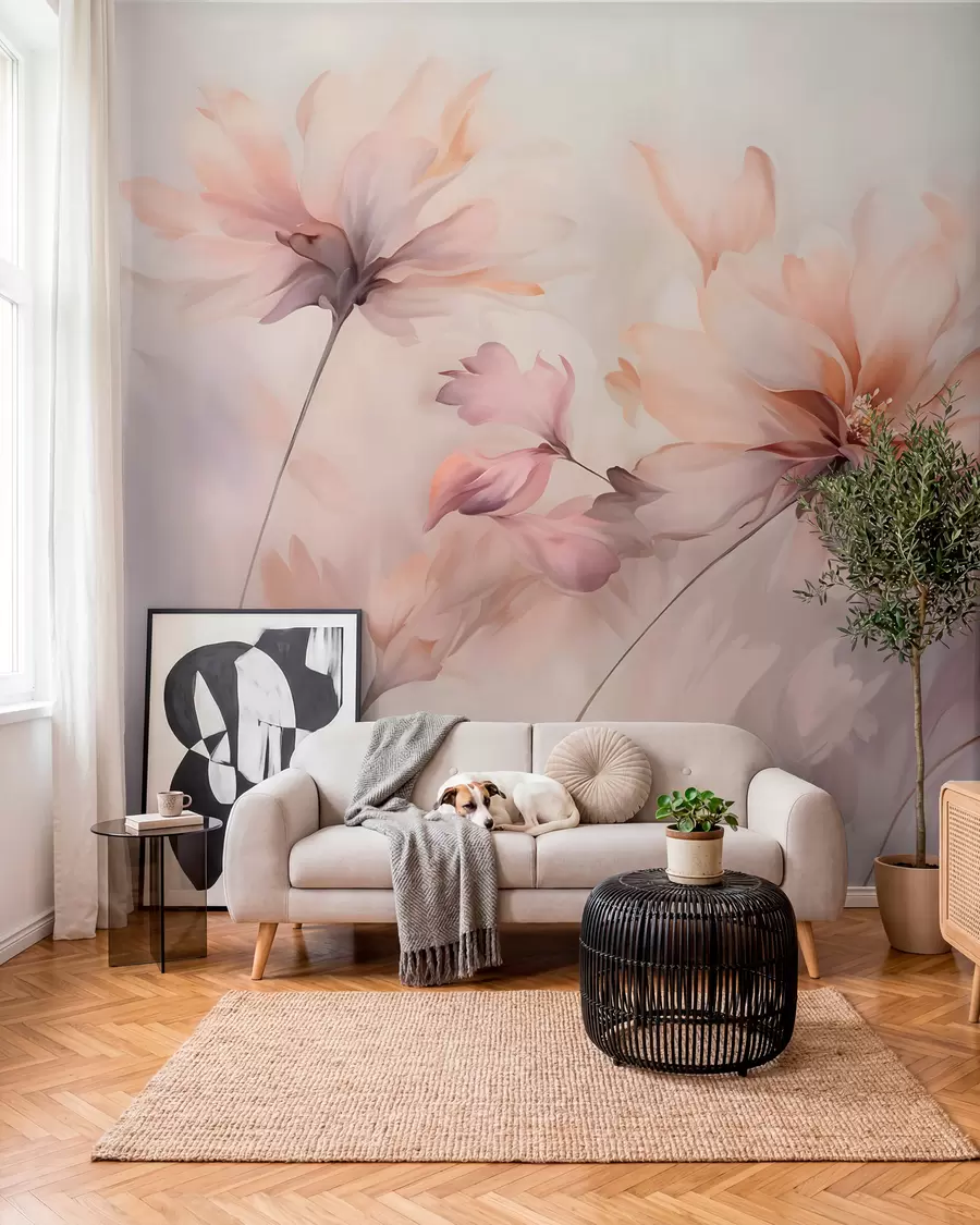 wall murals Деликатна цветна уметност са великим цветовима пастелних боја са прозирним латицама, меким стабљикама и нежном дифузном позадином w09050