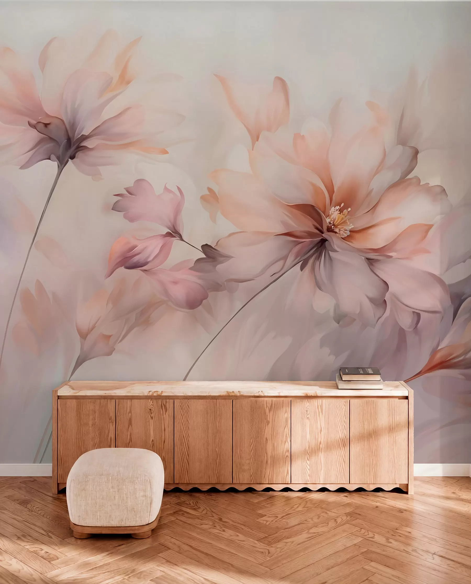 wall murals Деликатна цветна уметност са великим цветовима пастелних боја са прозирним латицама, меким стабљикама и нежном дифузном позадином w09050