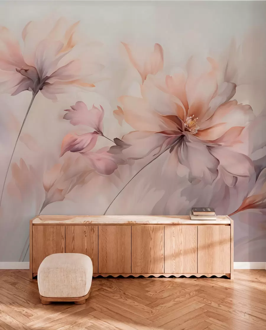 wall murals Деликатна цветна уметност са великим цветовима пастелних боја са прозирним латицама, меким стабљикама и нежном дифузном позадином w09050