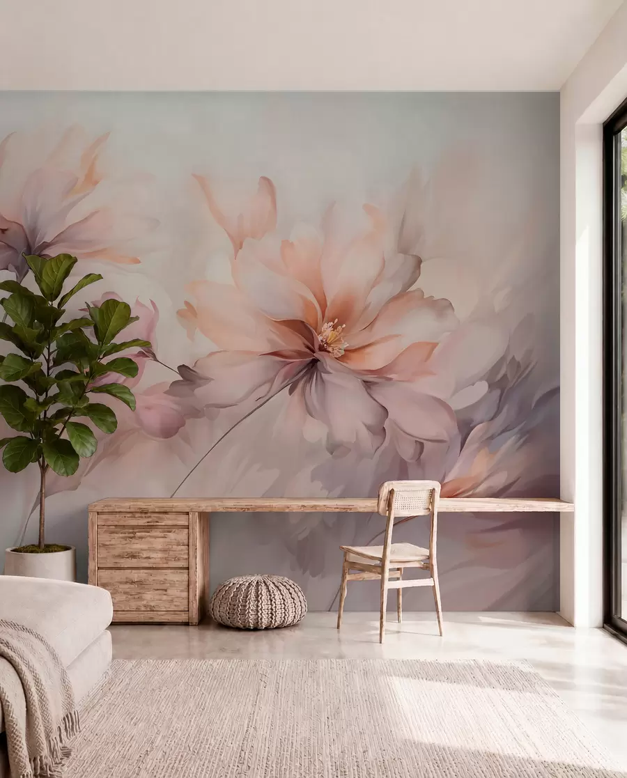 wall murals Деликатна цветна уметност са великим цветовима пастелних боја са прозирним латицама, меким стабљикама и нежном дифузном позадином w09050