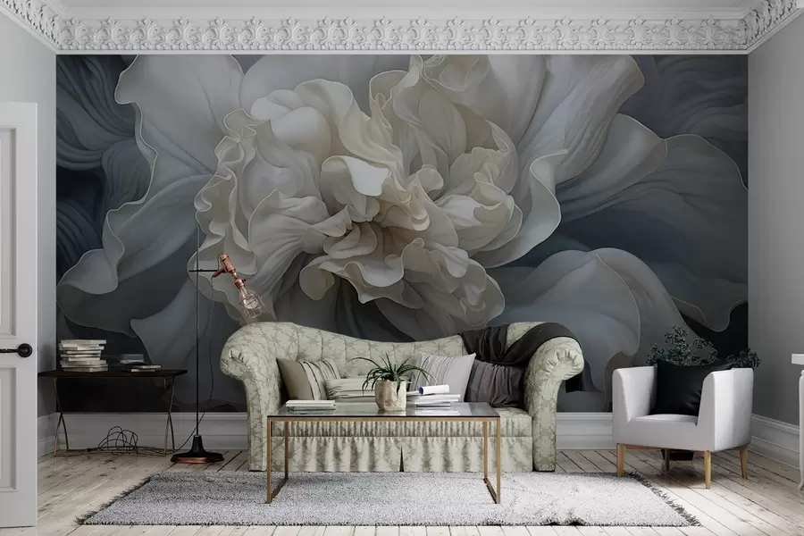 wall murals Апстрактни велики украсни цвет са много латица, мекан и нежан, са плавим и сивим нијансама у позадини w09055