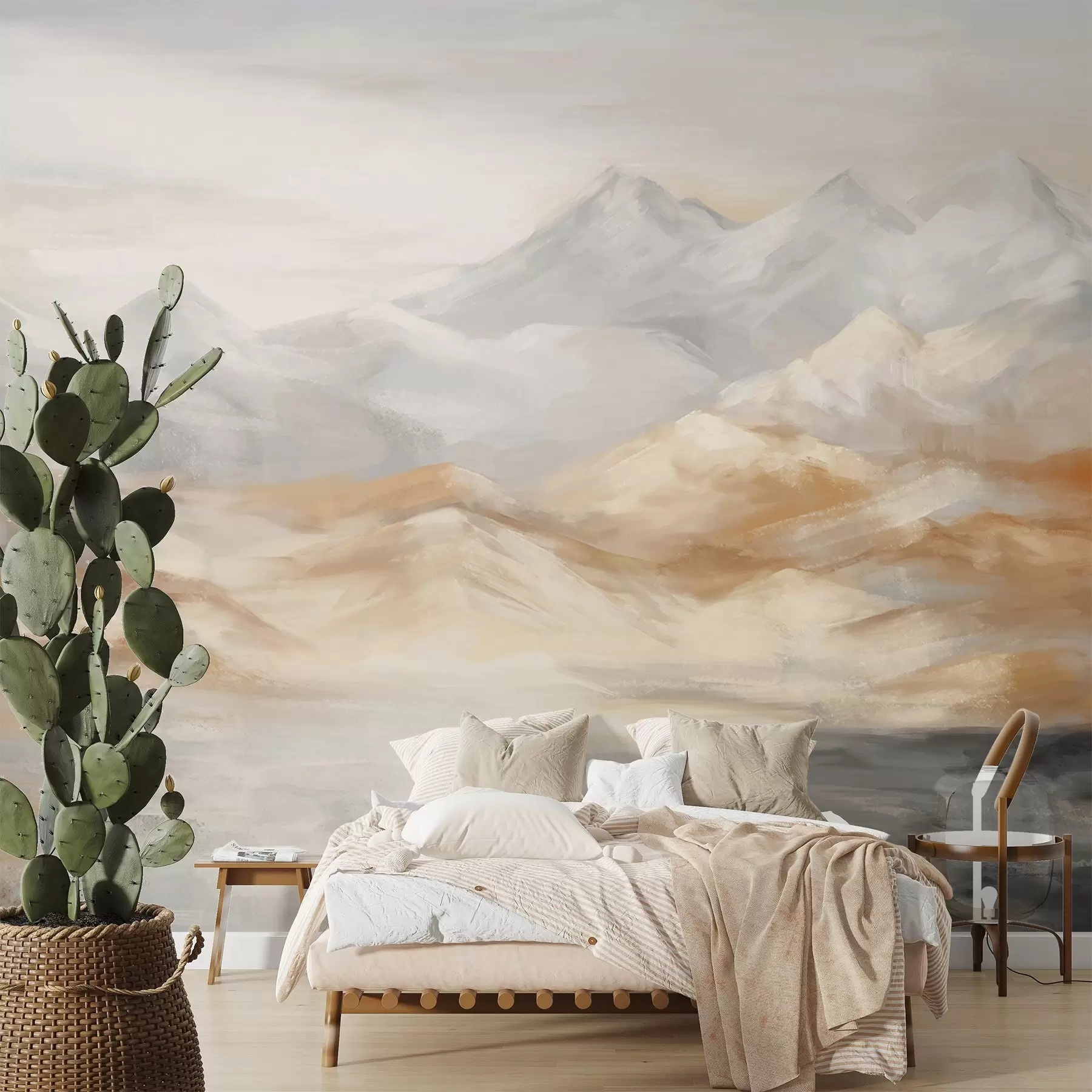 wall murals Текстурирано пејзажно сликање планина са језером у првом плану, у нијансама беле, сиве и браон w09057