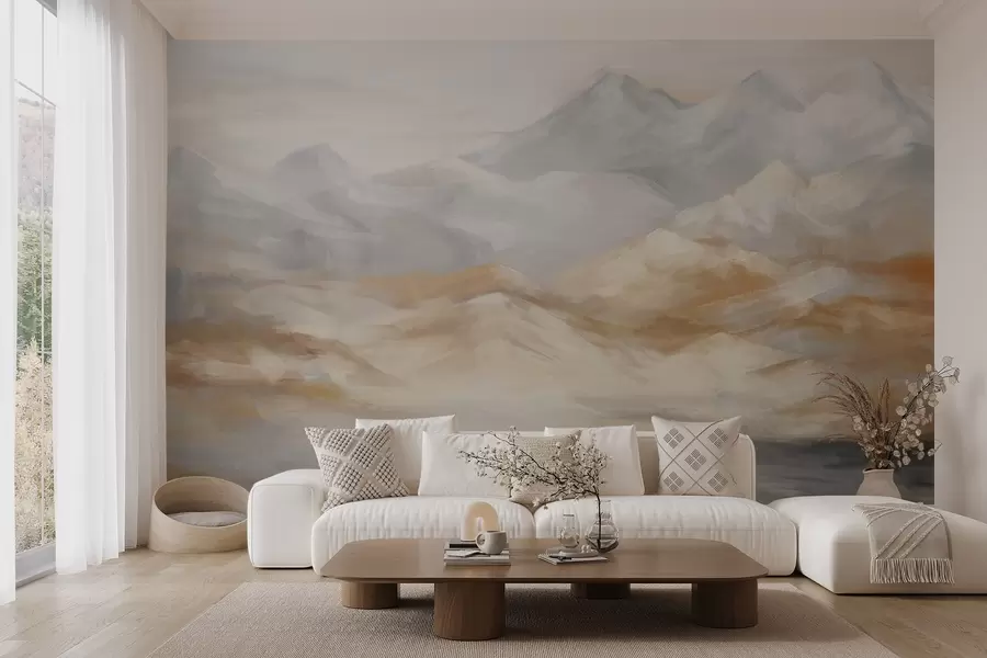 wall murals Текстурирано пејзажно сликање планина са језером у првом плану, у нијансама беле, сиве и браон w09057