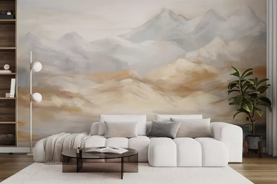 wall murals Текстурирано пејзажно сликање планина са језером у првом плану, у нијансама беле, сиве и браон w09057