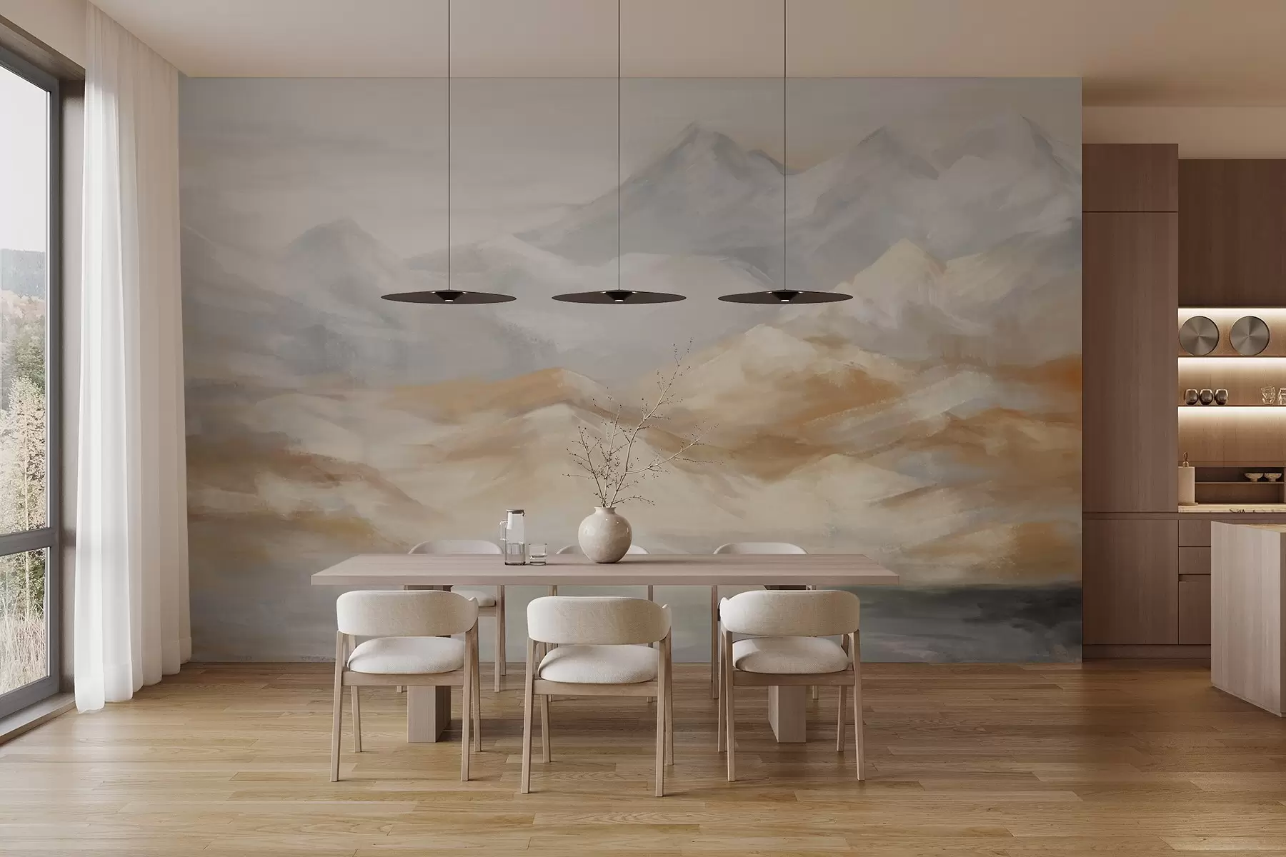 wall murals Текстурирано пејзажно сликање планина са језером у првом плану, у нијансама беле, сиве и браон w09057