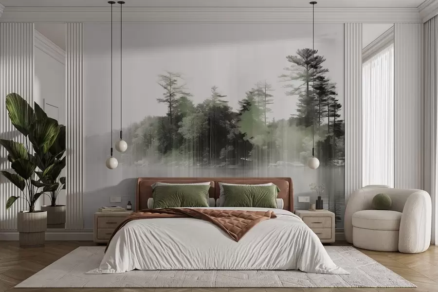 wall murals Апстрактни минималистички текстурирани пејзаж са језером и одсјајима дрвећа у води у зеленим и белим нијансама w09058