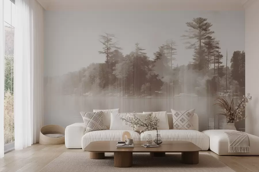 wall murals Апстрактни минималистички текстурирани пејзаж са језером и одсјајима дрвећа у води у беж и белим нијансама w09058v1