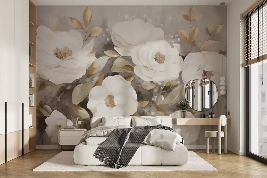 wall murals Бело цвеће са жутим листовима, меке латице, деликатан цветни аранжман, неутрална палета боја, текстурирани потези четкице w09062