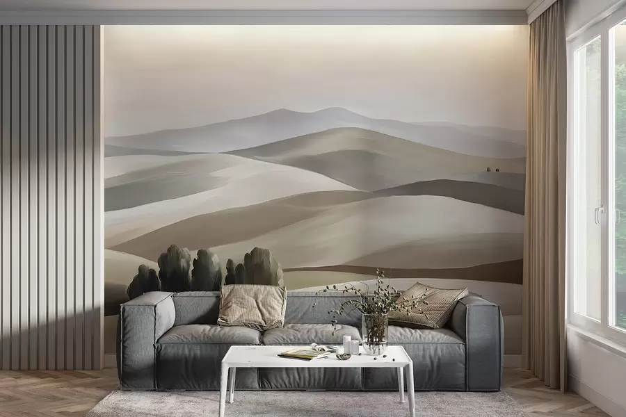 wall murals Пејзажи са дрвећем, Тоскана, беж и сиве боје, уљни стил w03880v1