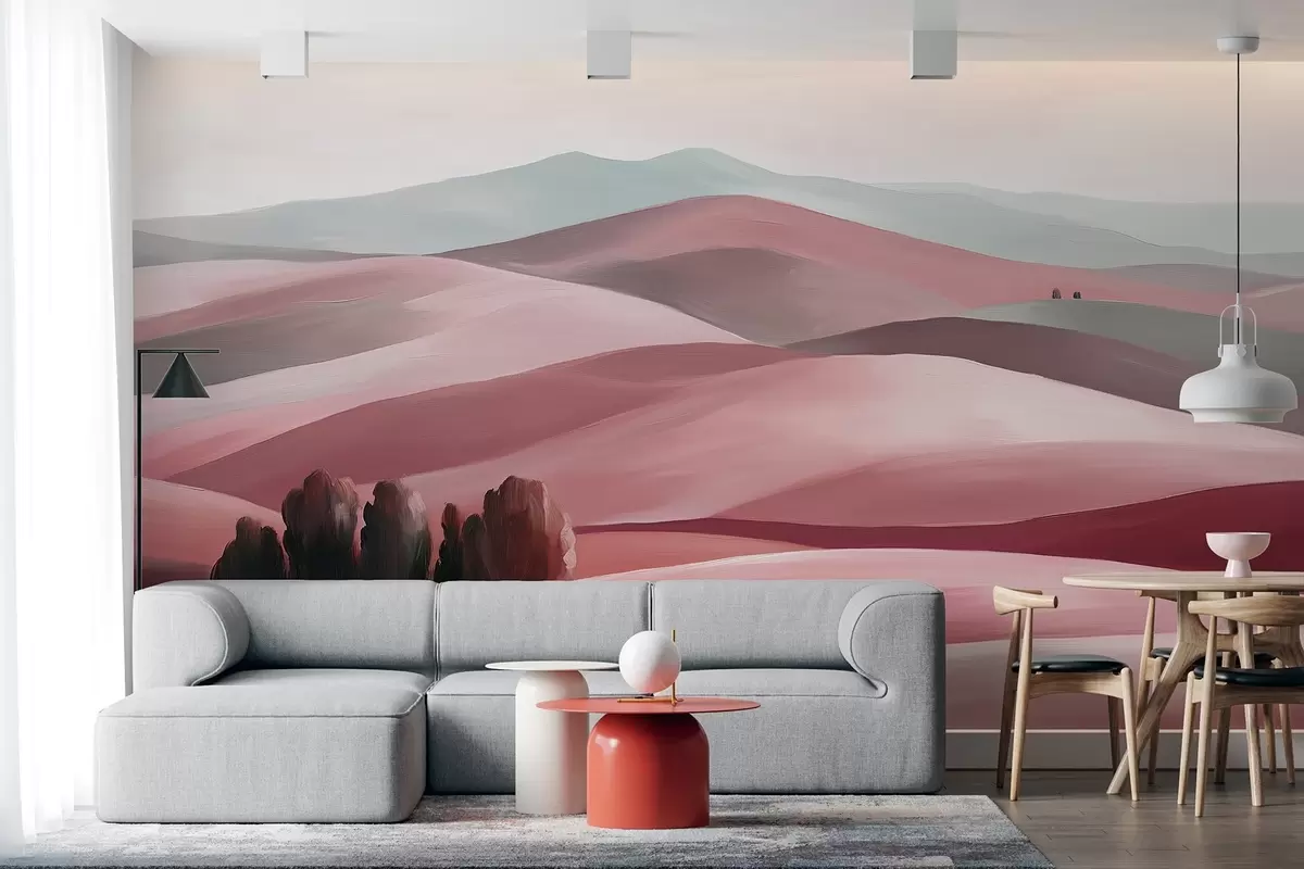 wall murals Пејзажи са дрвећем, Тоскана, розе боје, уљни стил w03880v2