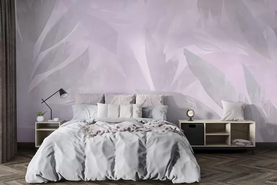 wall murals Тропско лишће, цвеће, палме, пастелни стил, љубичасте боје w03881v1