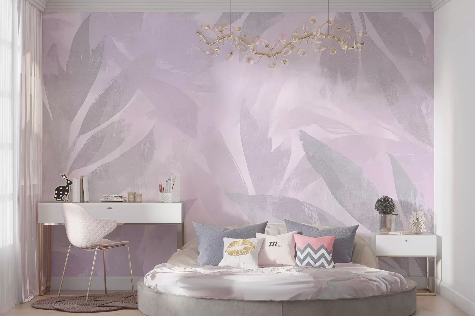 wall murals Тропско лишће, цвеће, палме, пастелни стил, љубичасте боје w03881v1