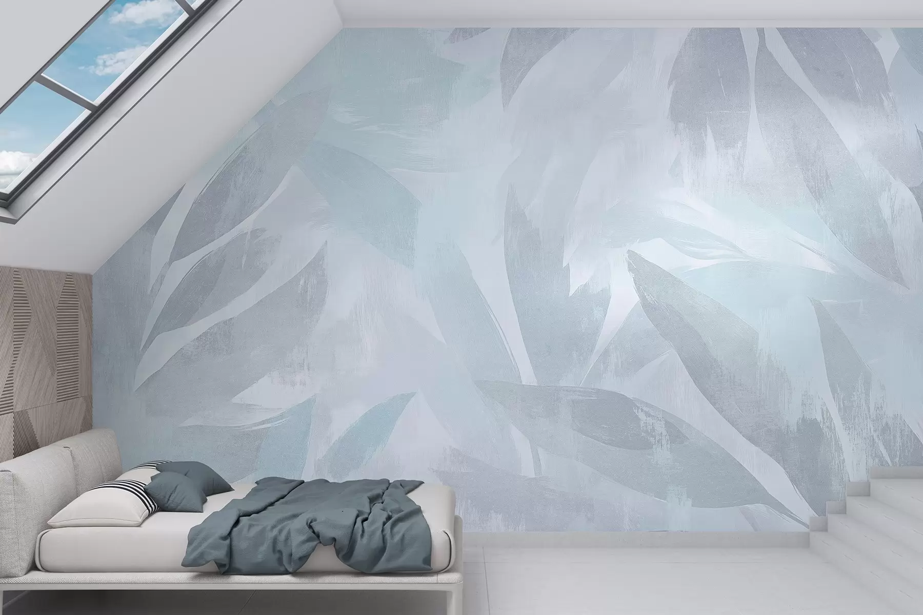 wall murals Тропско лишће, цвеће, палме, пастелни стил, плаве боје w03881v2