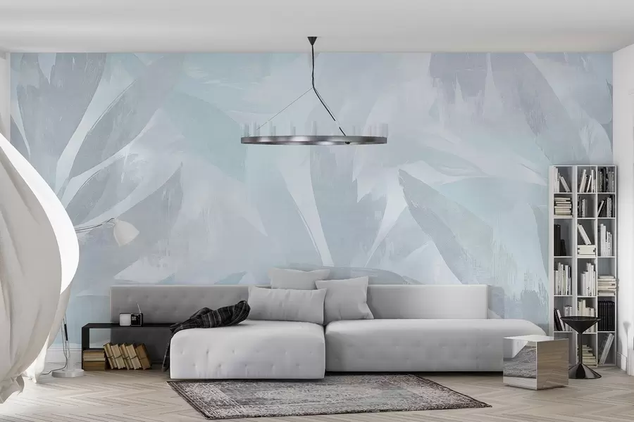 wall murals Тропско лишће, цвеће, палме, пастелни стил, плаве боје w03881v2