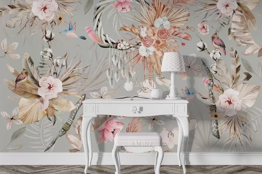 wall murals Орнамент у бохо стилу са цветовима и птицама божура, стил акварела, беж боје w03885