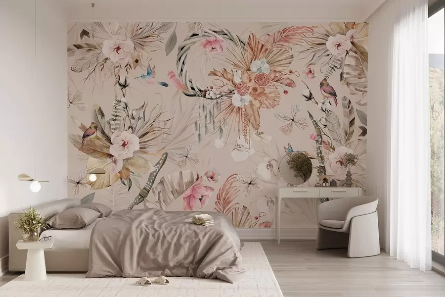 wall murals Орнамент у бохо стилу са цветовима и птицама божура, акварел стил, нежне боје w03885v3