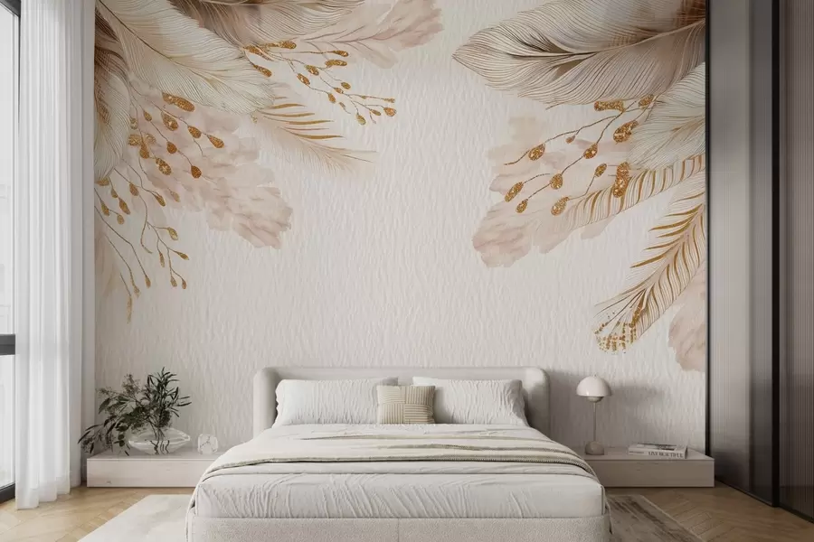 wall murals Пампас трава и перје у стилу акварела у беж и белој боји на папиру w09079