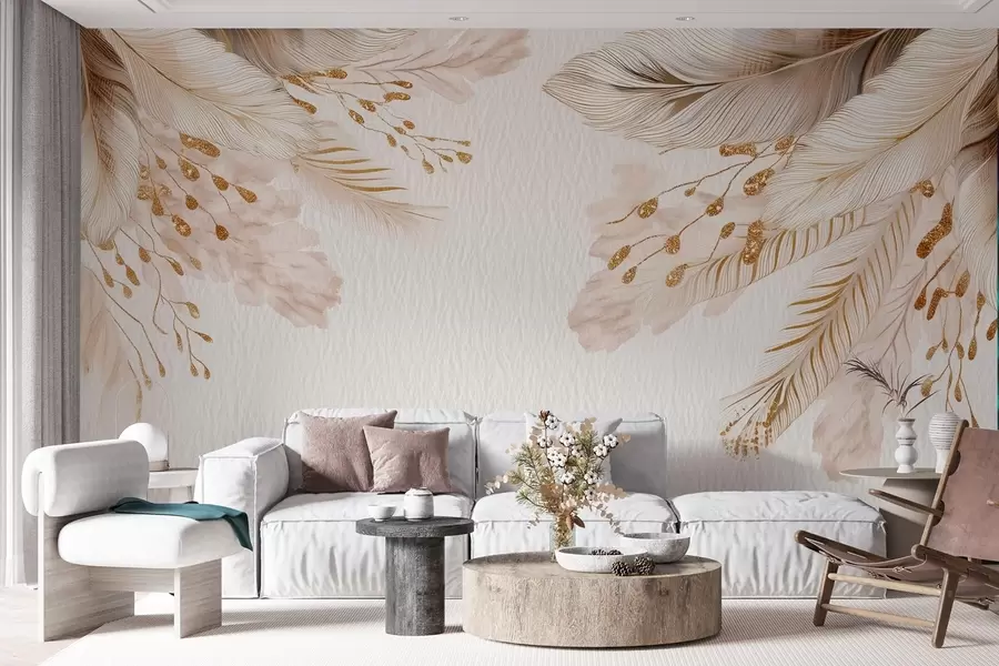 wall murals Пампас трава и перје у стилу акварела у беж и белој боји на папиру w09079