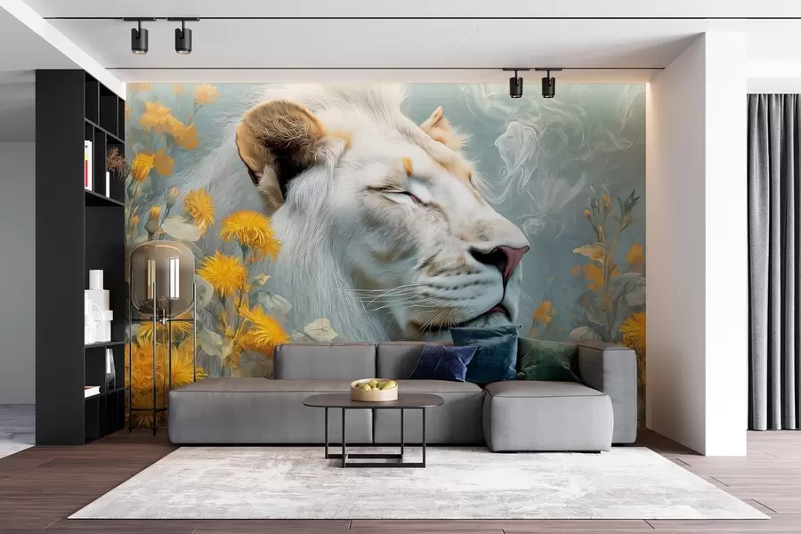 wall murals Бели лав окружен жутим цвећем и димом w09080