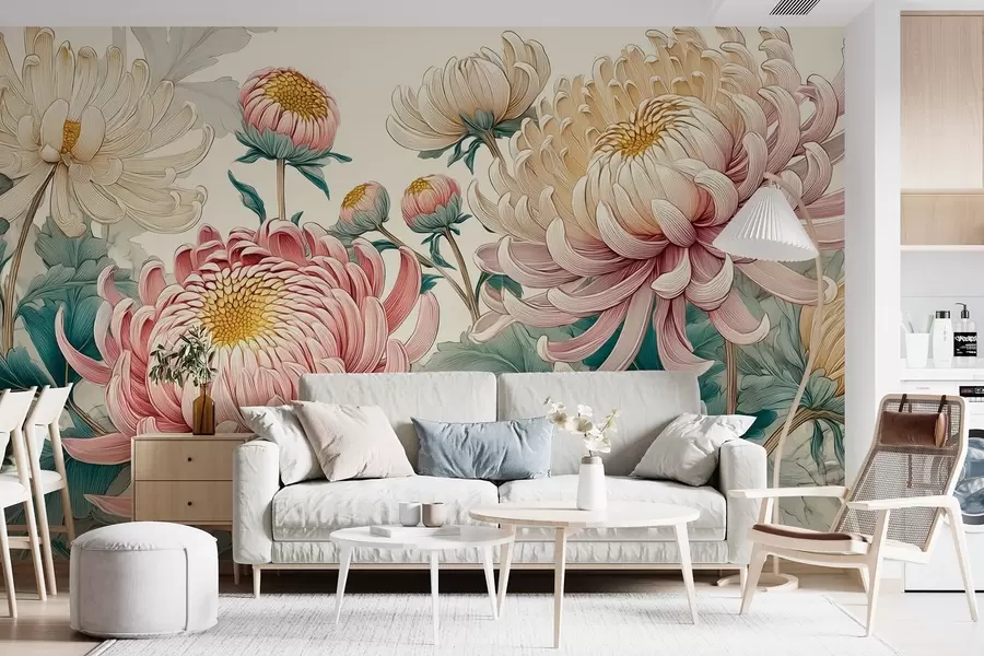 wall murals Замршено сликање белих и ружичастих хризантема w09081