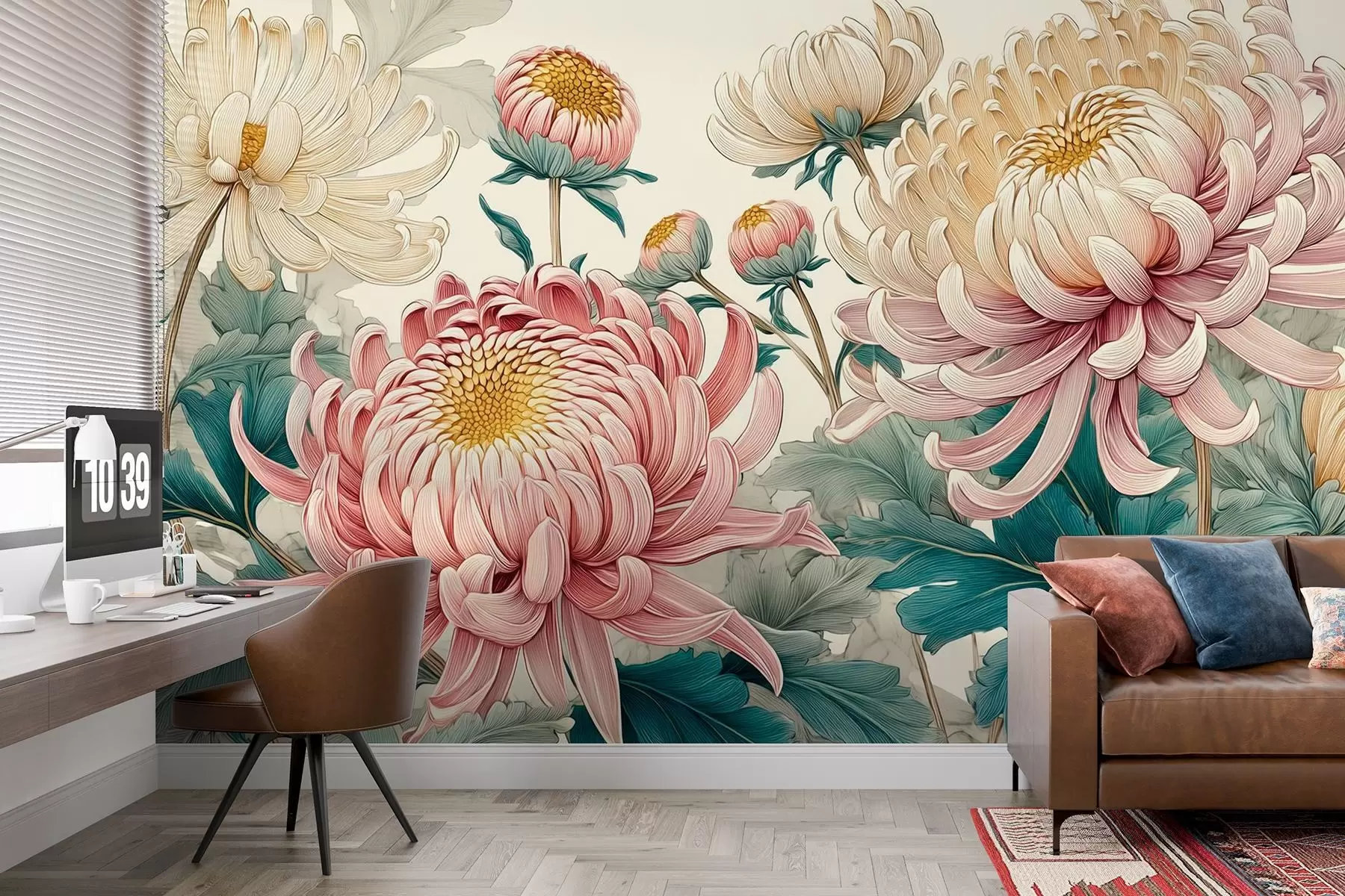 wall murals Замршено сликање белих и ружичастих хризантема w09081