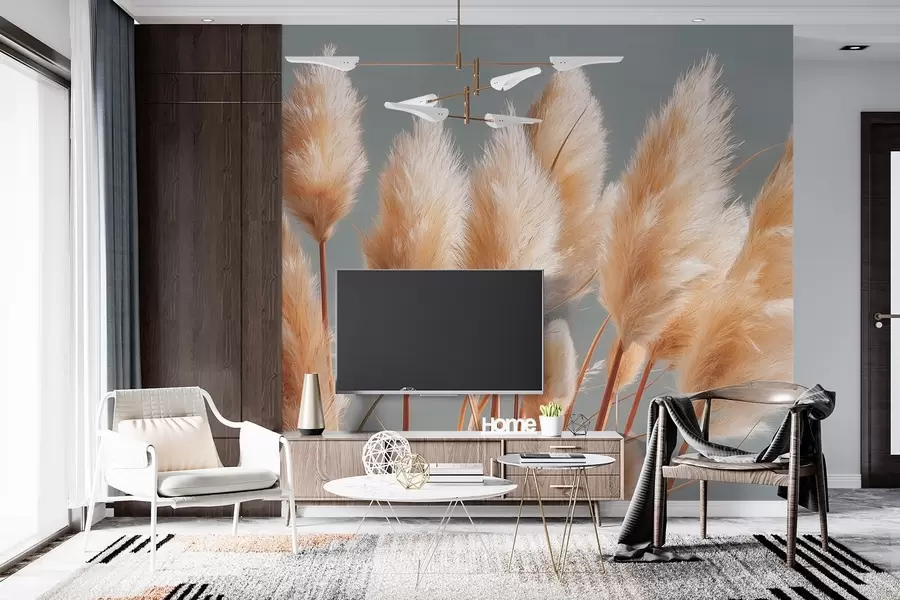 wall murals Беж пампас трава на плаво-сивој позадини w09083