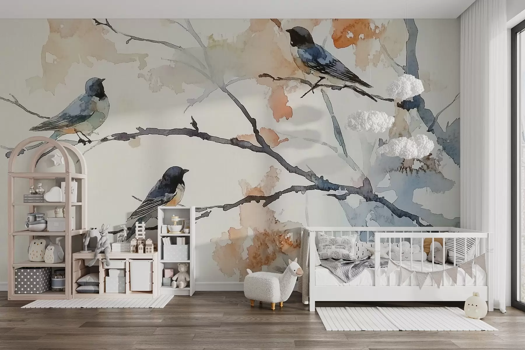 wall murals Птице на гранама дрвећа у стилу акварела w09064