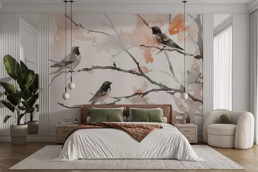 wall murals Птице на гранама дрвећа у стилу акварела w09064v2