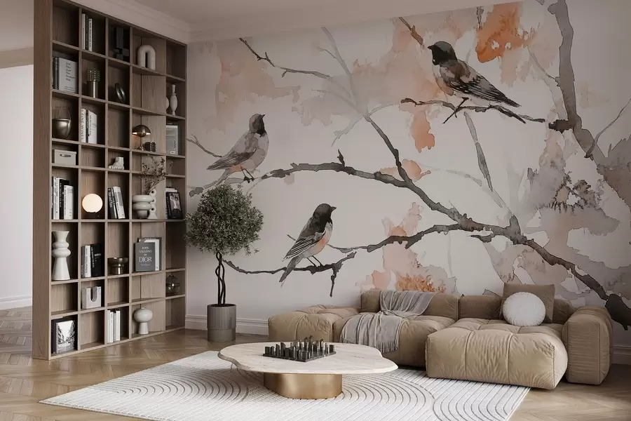 wall murals Птице на гранама дрвећа у стилу акварела w09064v2