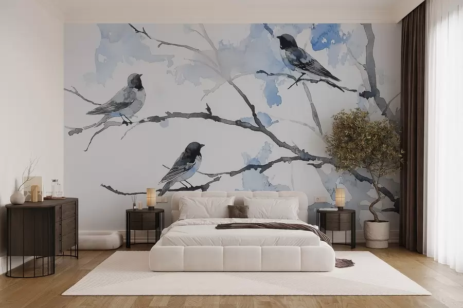 wall murals Птице на гранама дрвећа у стилу акварела w09064v4