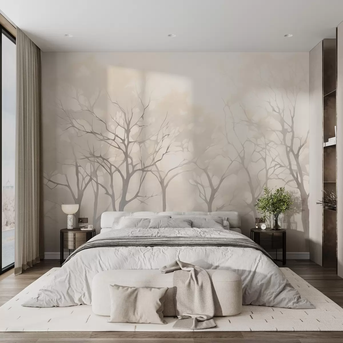 wall murals Једнобојна винтаге стабла у магли w09065