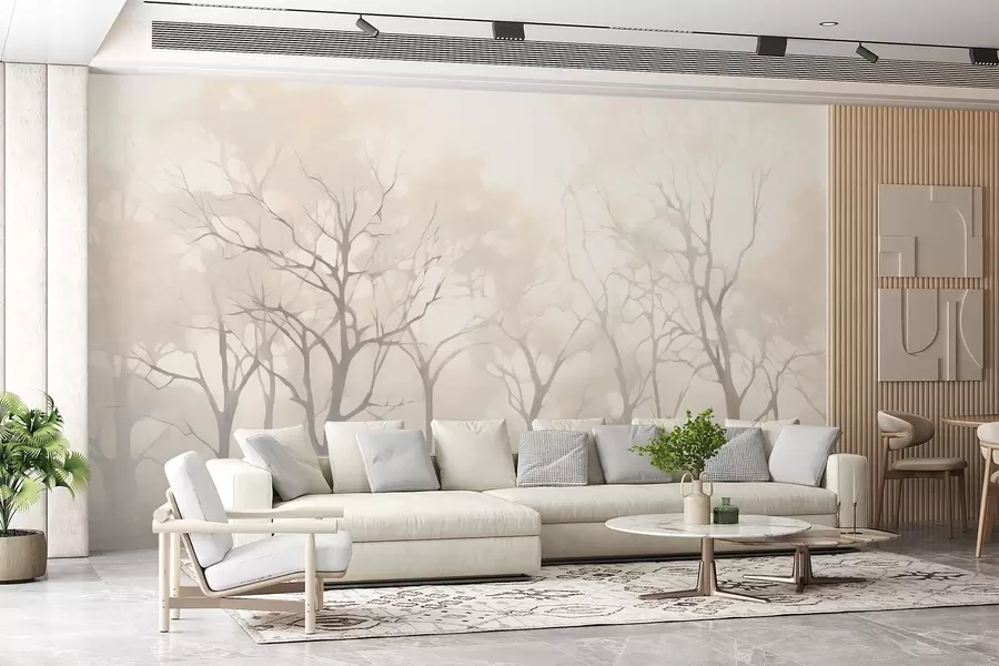 wall murals Једнобојна винтаге стабла у магли w09065