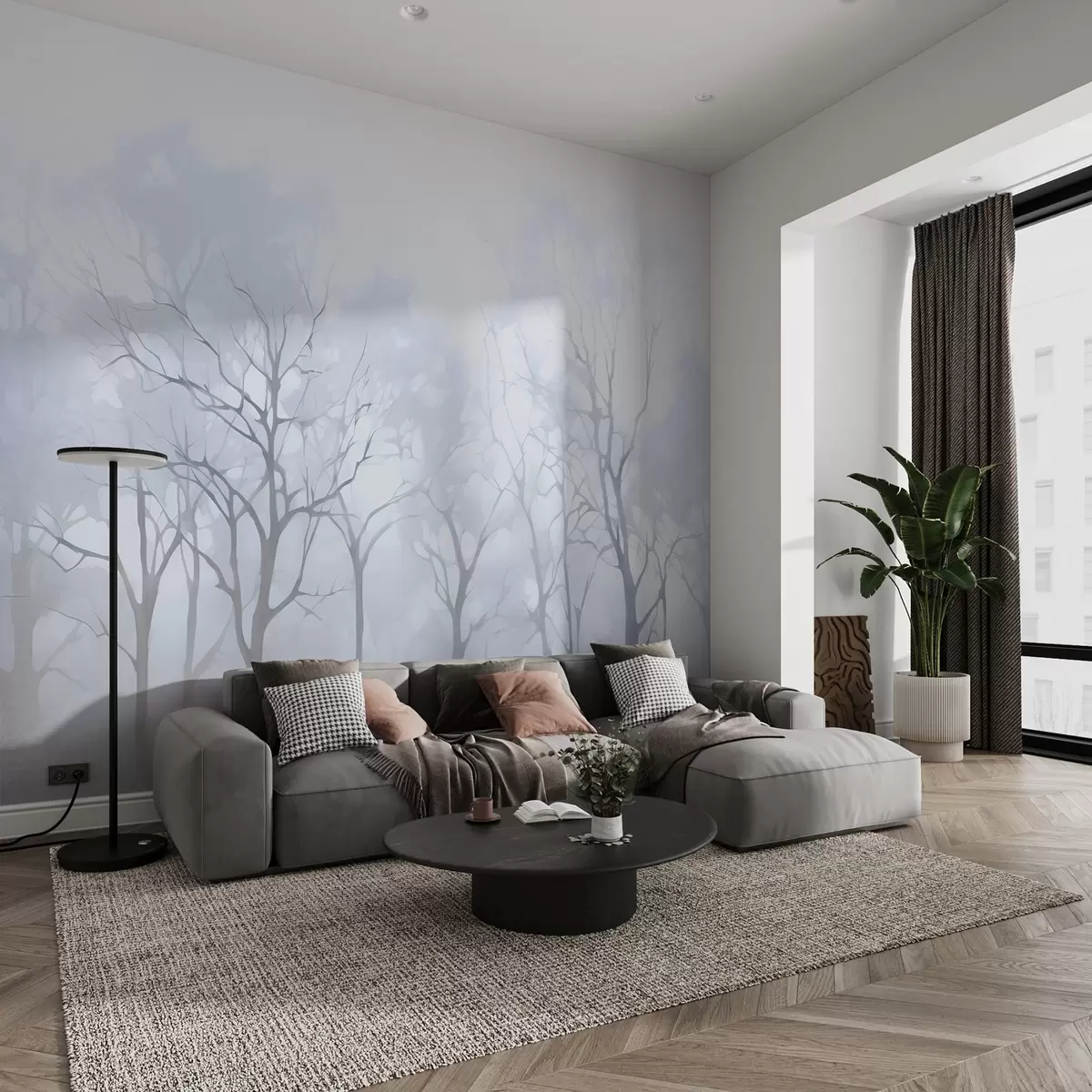 wall murals Једнобојна винтаге стабла у магли w09065v2