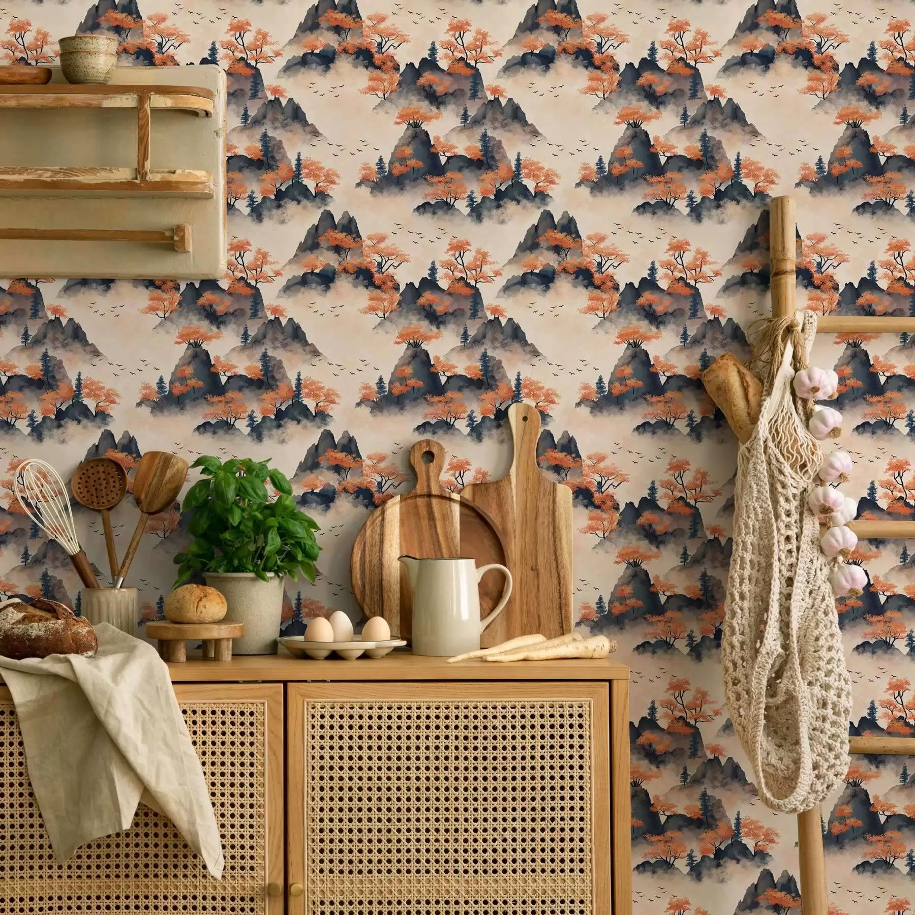 wall murals Јесење планине у магли са стаблима поморанџе и птицама a00104