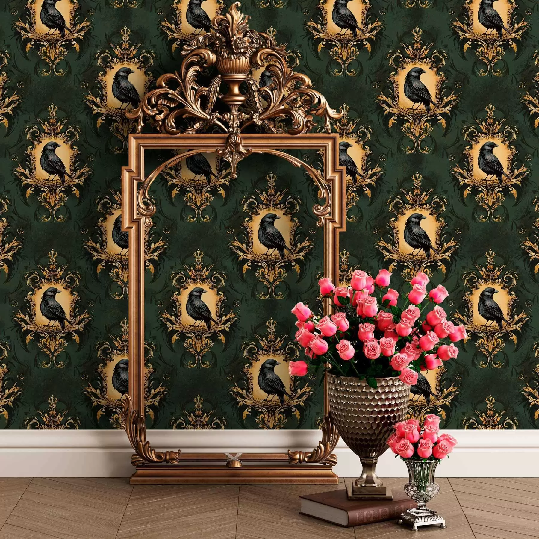 wall murals Врана у оквиру на зеленој позадини a00105