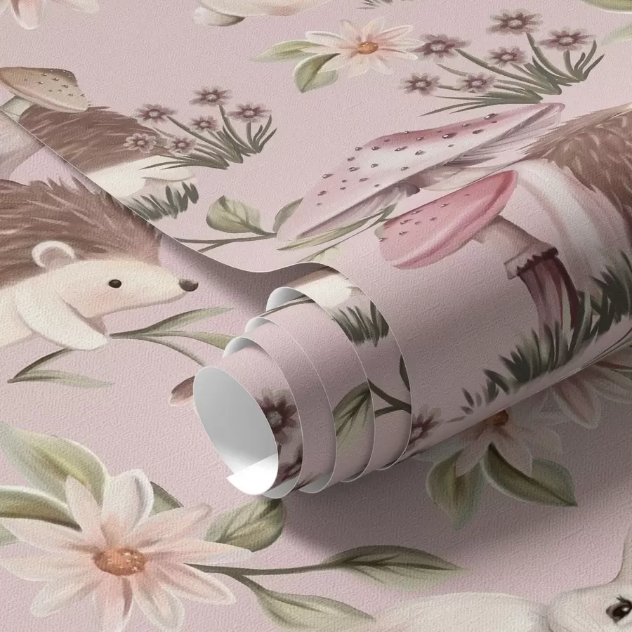 wall murals Бајковити јежеви, зечеви и цвеће међу печуркама на ружичастој позадини a00111