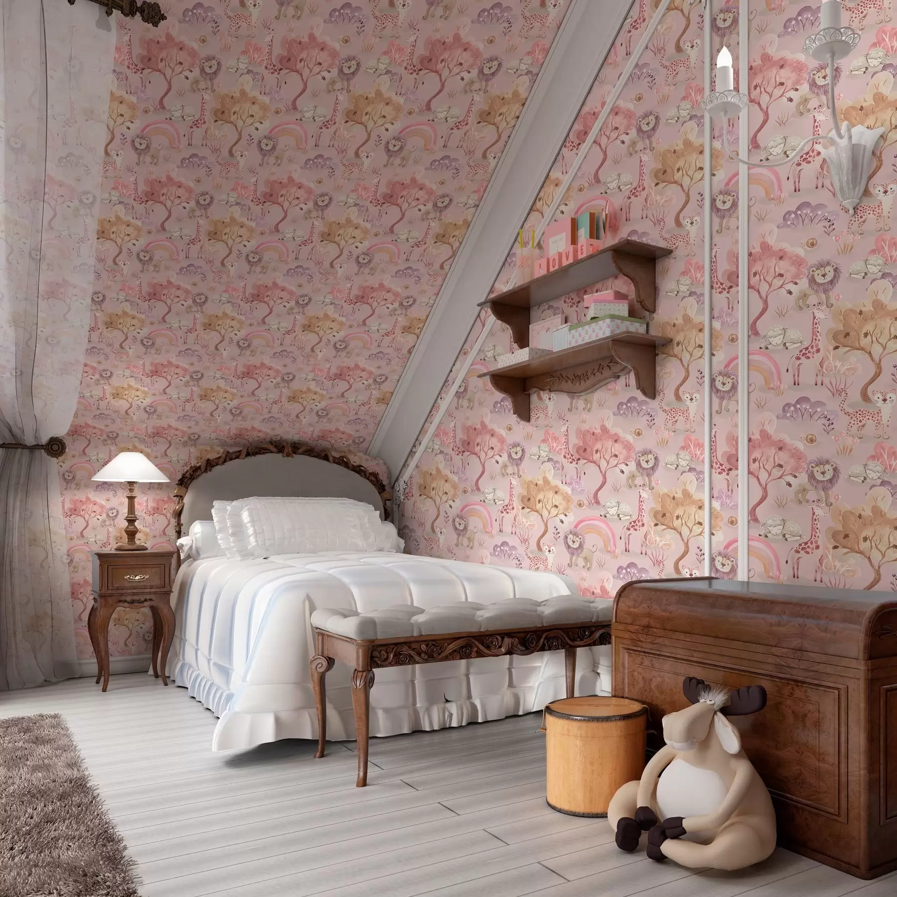 wall murals Младунци лавова, жирафе и дуге у пастелној шуми a00112