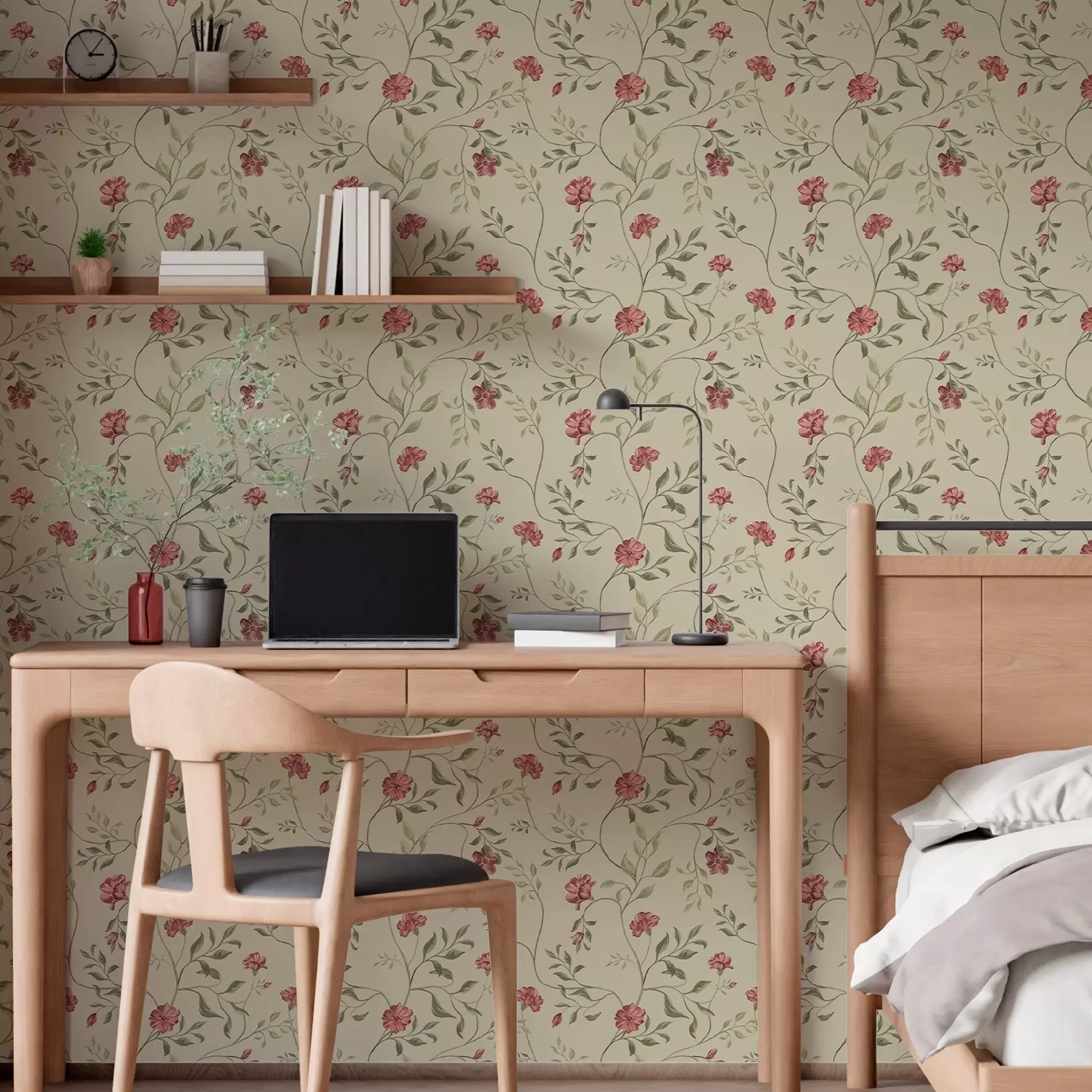 wall murals Цвеће и црвени пупољци на светлој позадини a00114