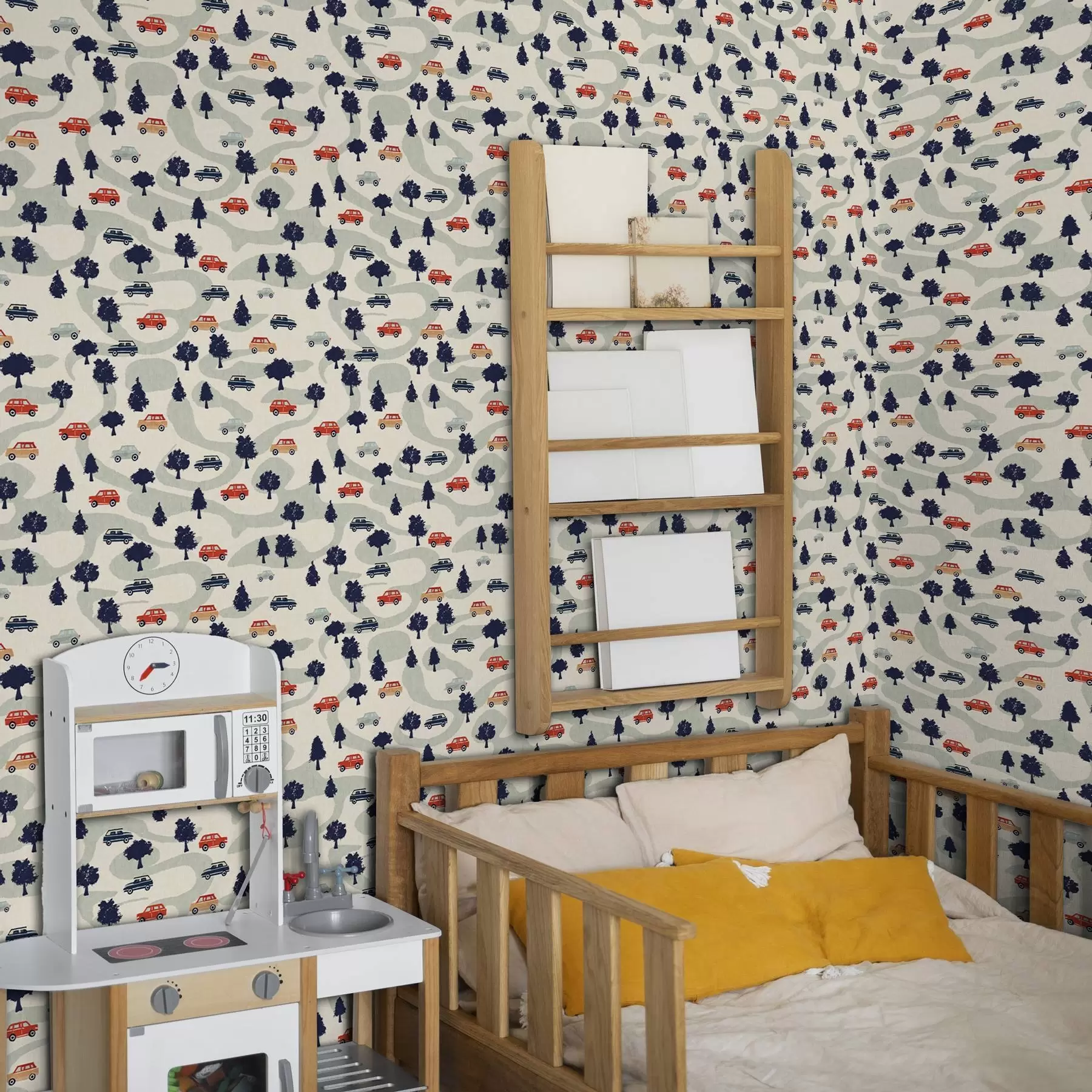 wall murals Смешни аутомобили међу дрвећем на крем позадини a00119