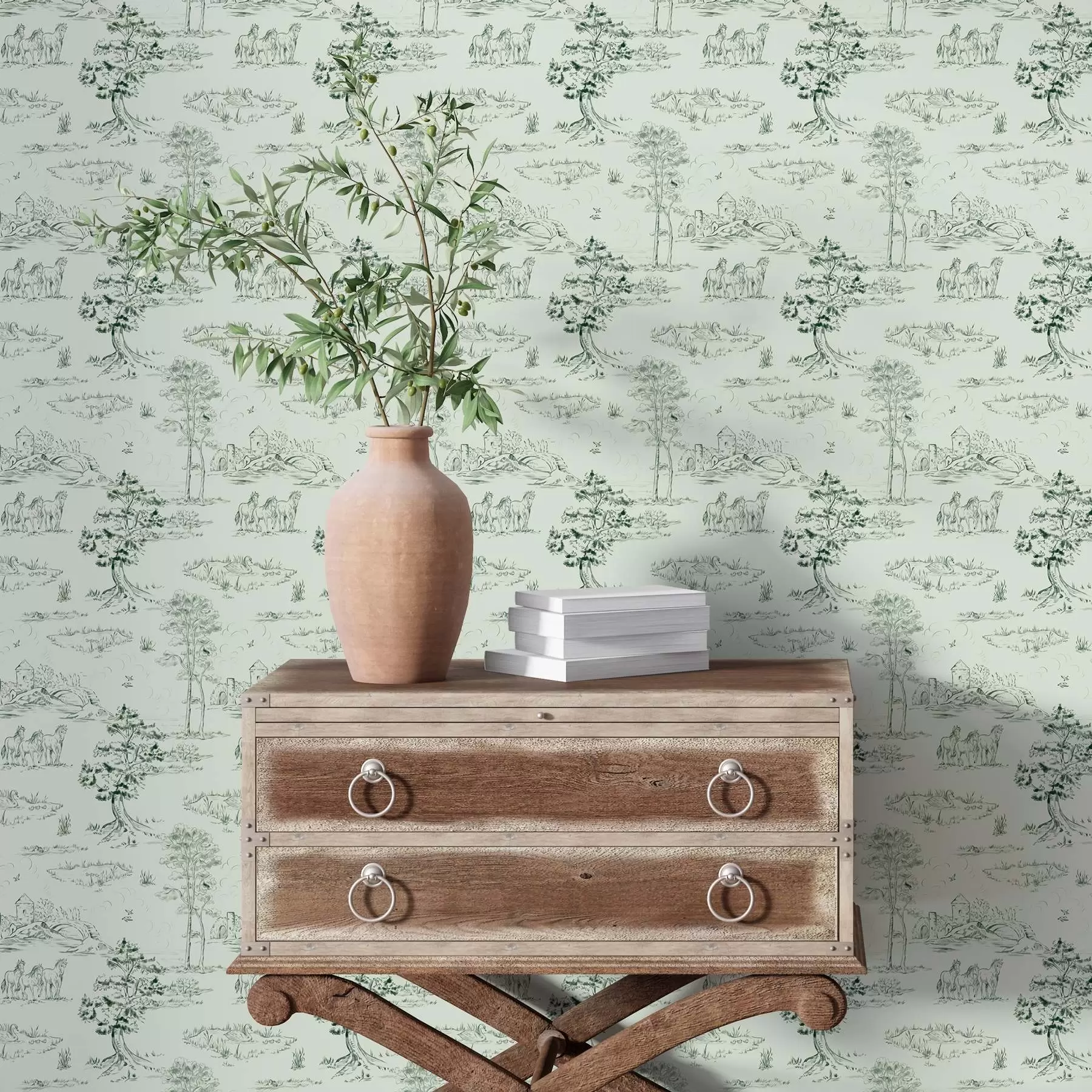 wall murals Сцена са коњима, дрвећем и замком на зеленој позадини a00133v1