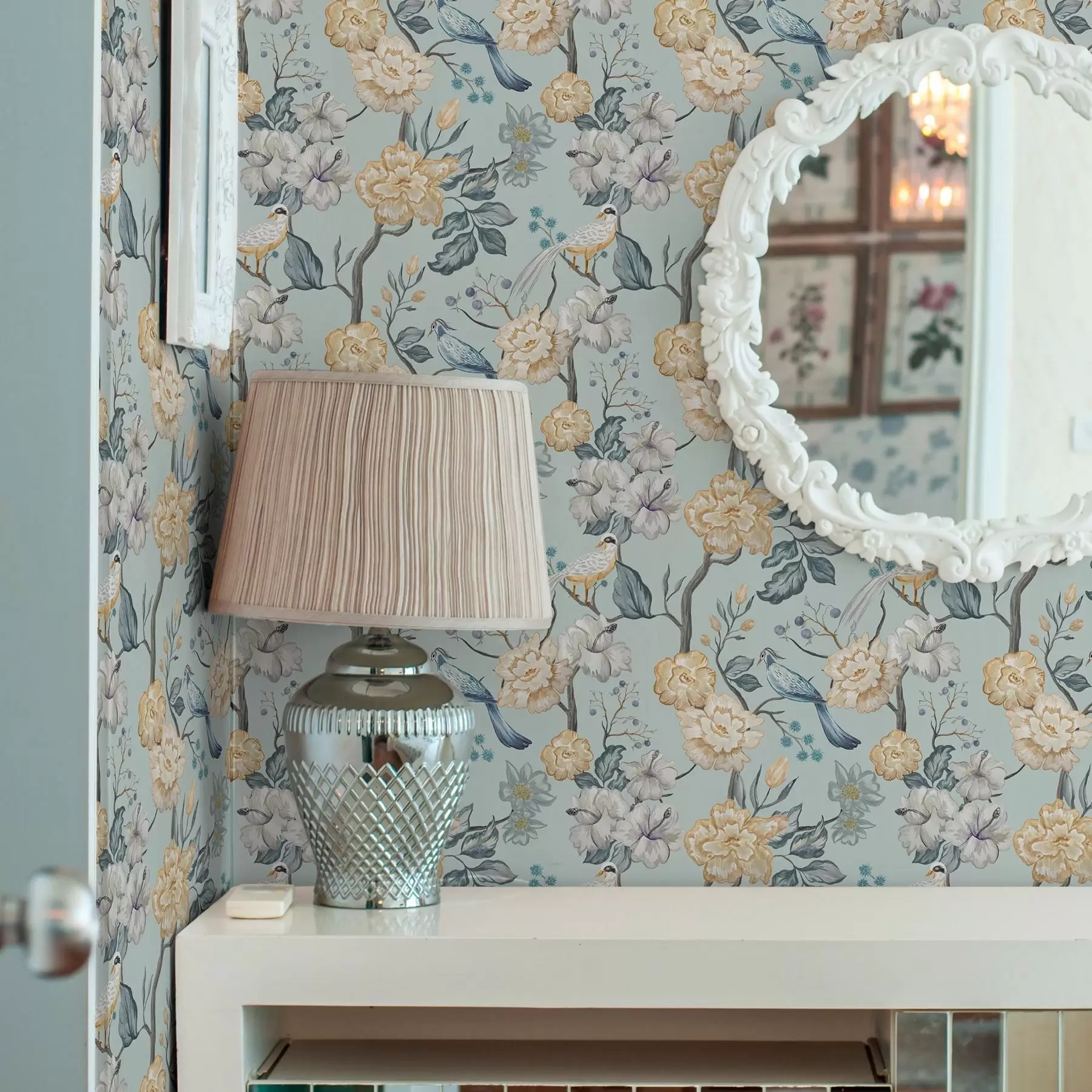 wall murals Цвеће и птице на плавој позадини a00134