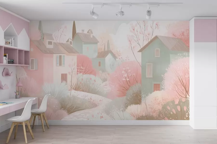 wall murals Град из бајке у стилу уљаних слика у ружичастим нијансама w09095