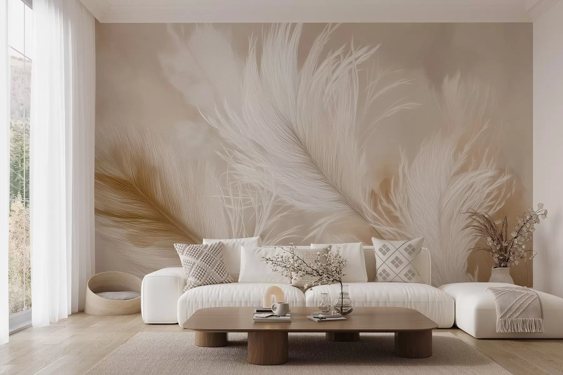 wall murals Летеће прозрачно перје на беж позадини w09102