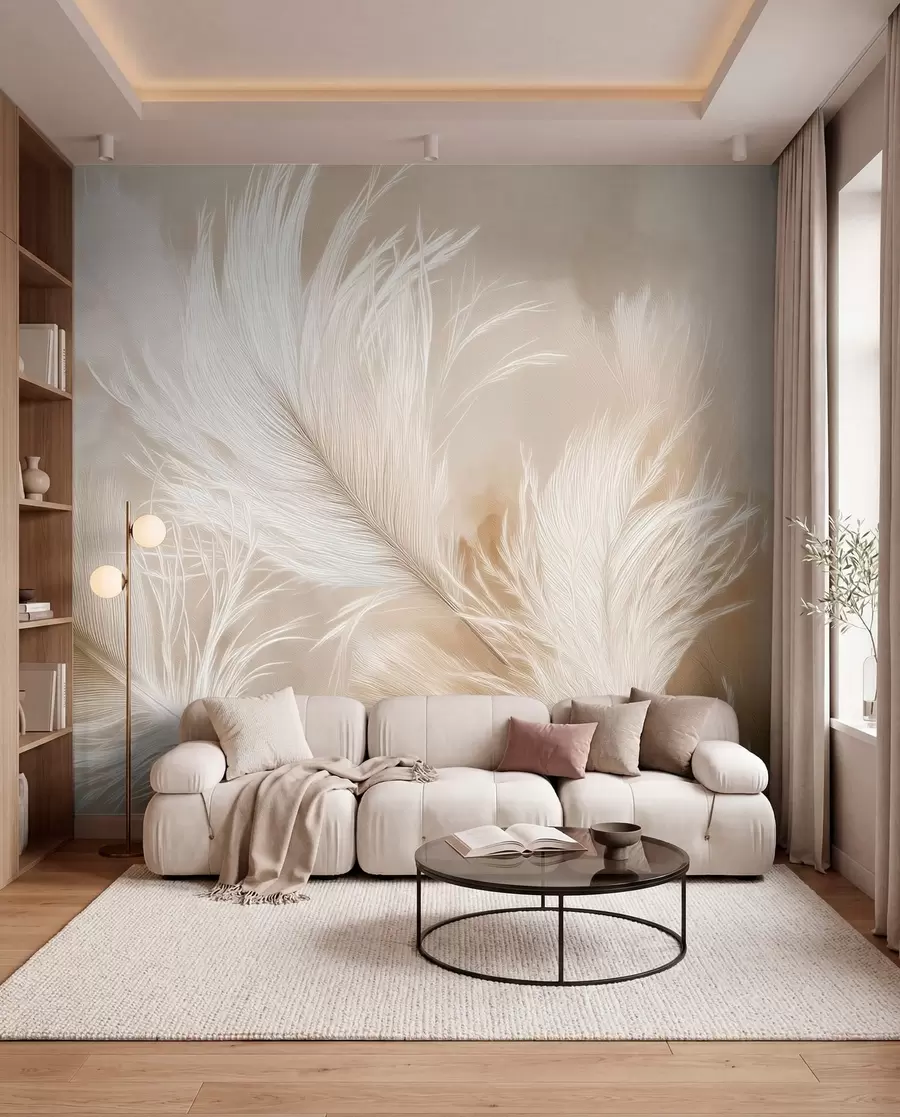 wall murals Летеће прозрачно перје на беж позадини w09102