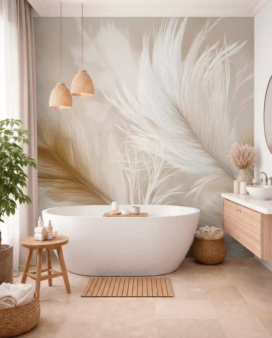 wall murals Летеће прозрачно перје на беж позадини w09102