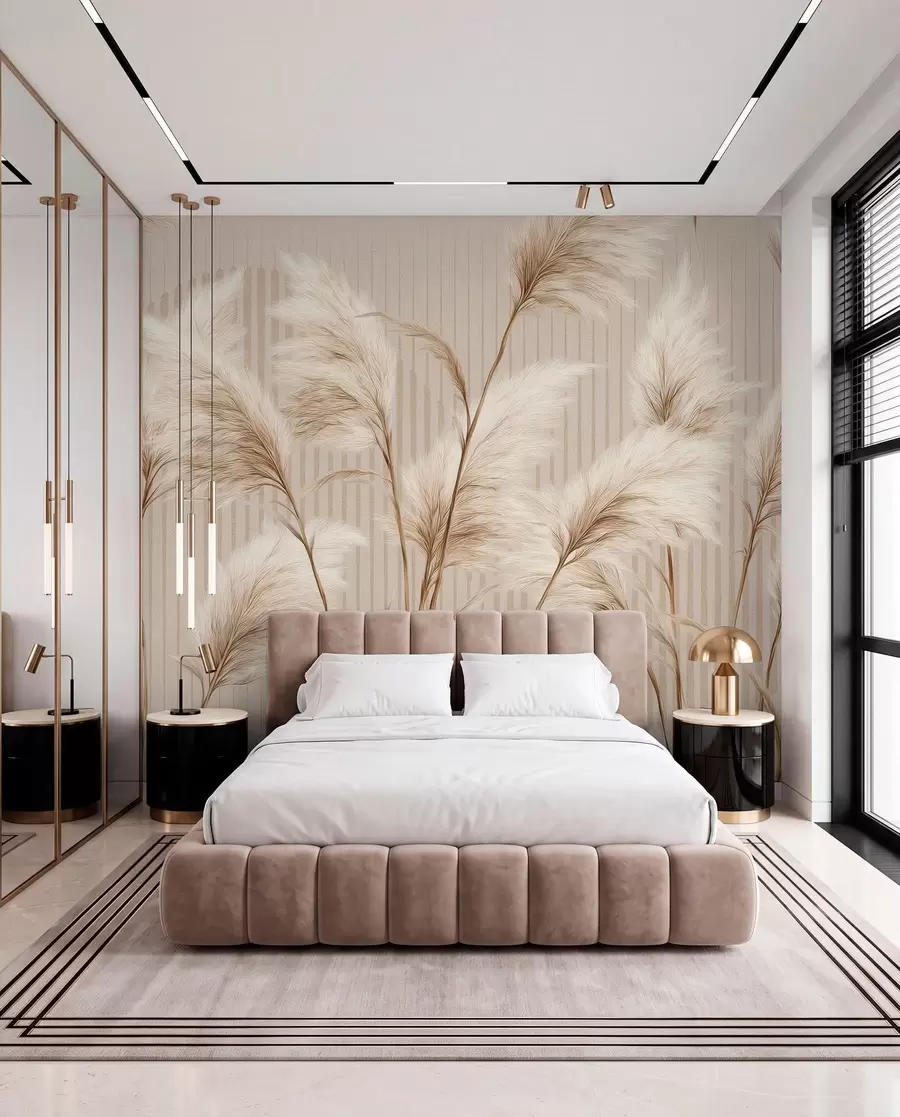 wall murals Пампас трава на позадини линија у беж тоновима w09104