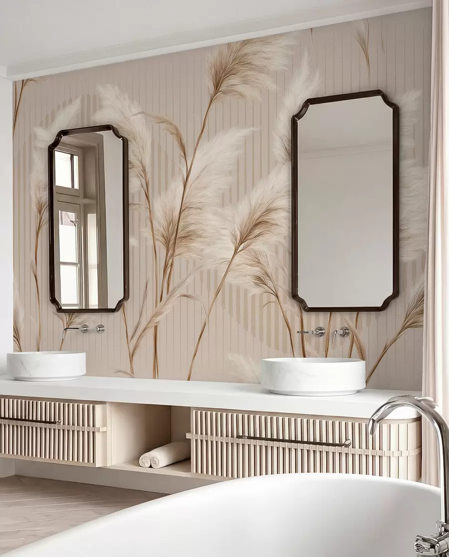 wall murals Пампас трава на позадини линија у беж тоновима w09104